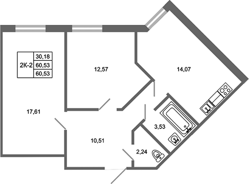 2-комнатная квартира 60.53 м², 3/17 эт., ЖК «Стороны Света 2»